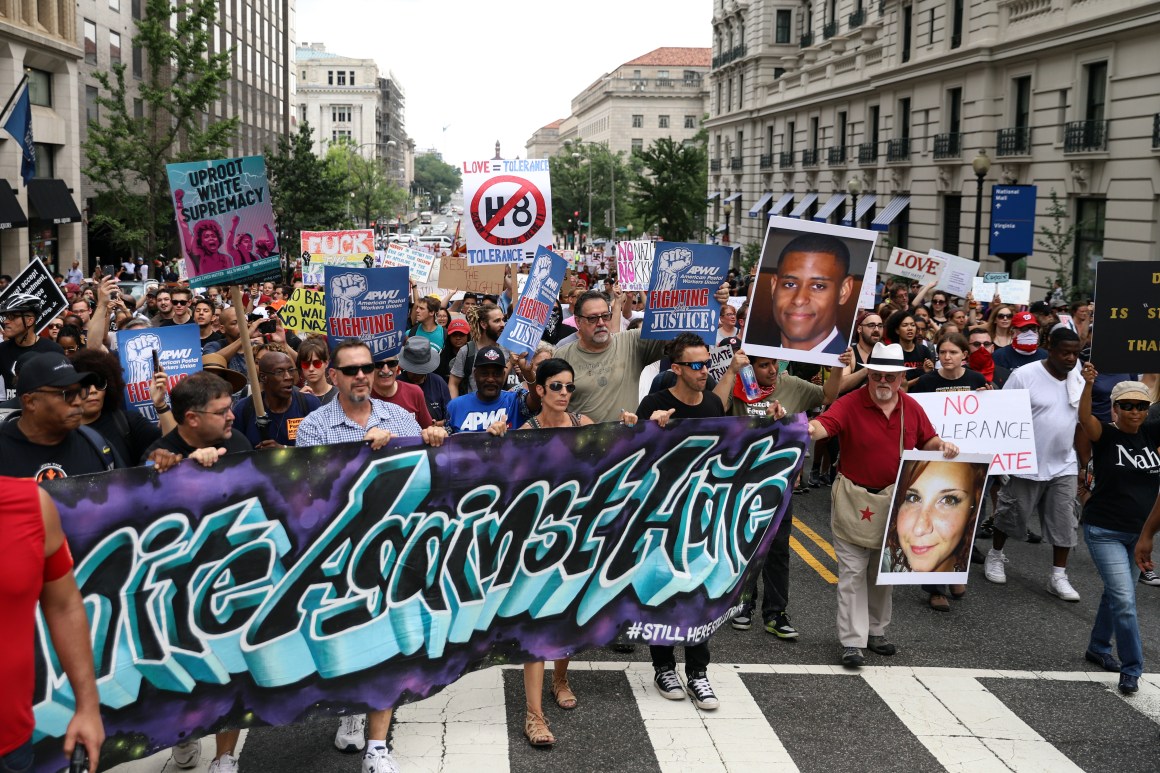 Counter-protesters march from Freedom Plaza to Lafayette Park before the Unite the Right rally on August 12th, 2018, in Washington, D.C.