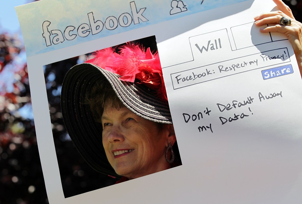 Denely Rafferty of the group Raging Grannies protests outside of Facebook headquarters in June of 2010.