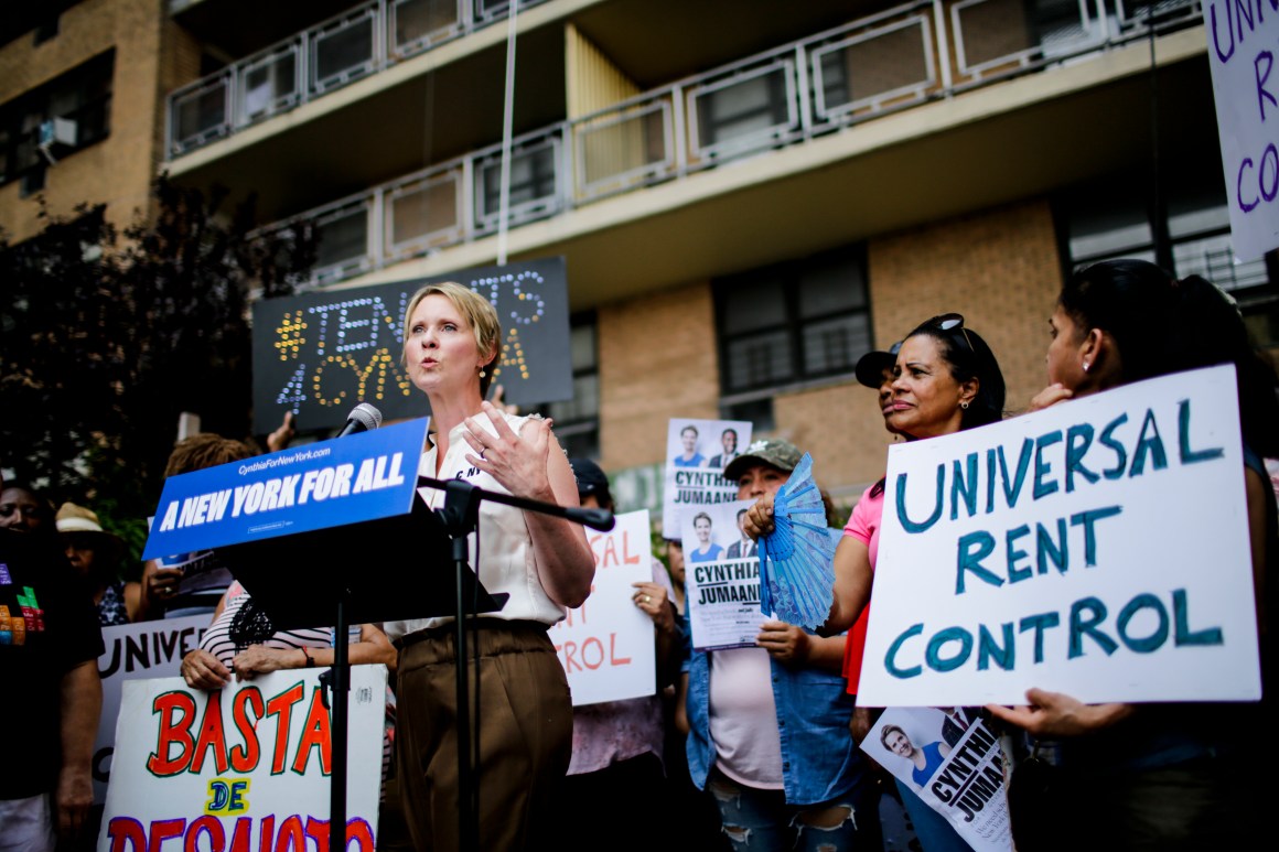 2018 Democratic gubernatorial candidate Cynthia Nixon speaks at a rally for universal rent control in New York City.