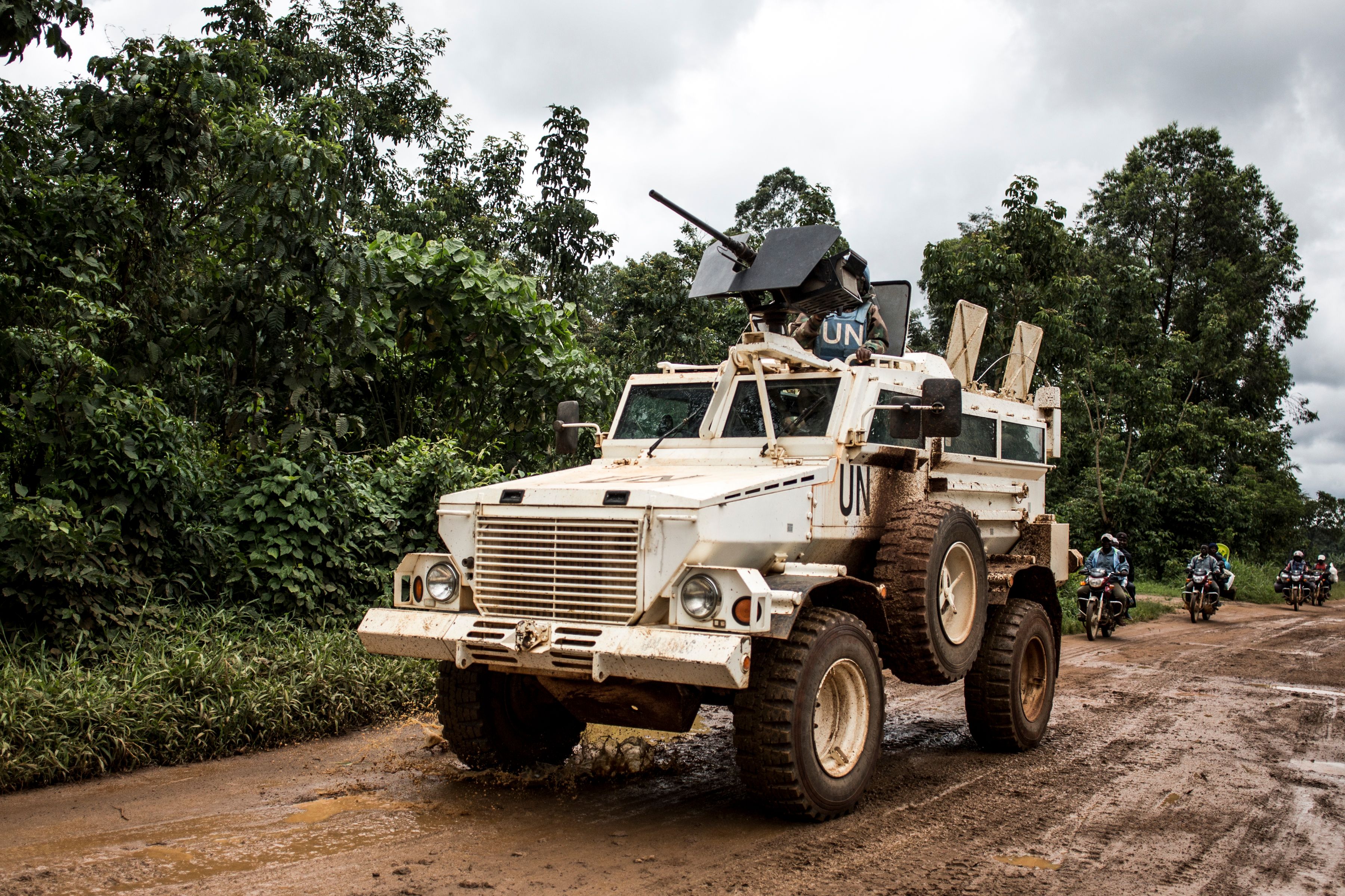 A military truck of the United Nations Organization and Stabilization Mission in the DRC patrols on the road linking Beni to Mangina on August 23rd, 2018, in Beni, in the North Kivu province.