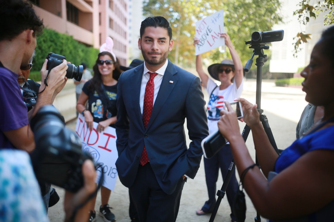 Ammar Campa-Najjar, who is running against Congressman Duncan Hunter, speaks to reporters outside the San Diego Federal Courthouse during Congressman Hunter's arraignment hearing on Thursday, August 23rd, 2018 in San Diego, California.