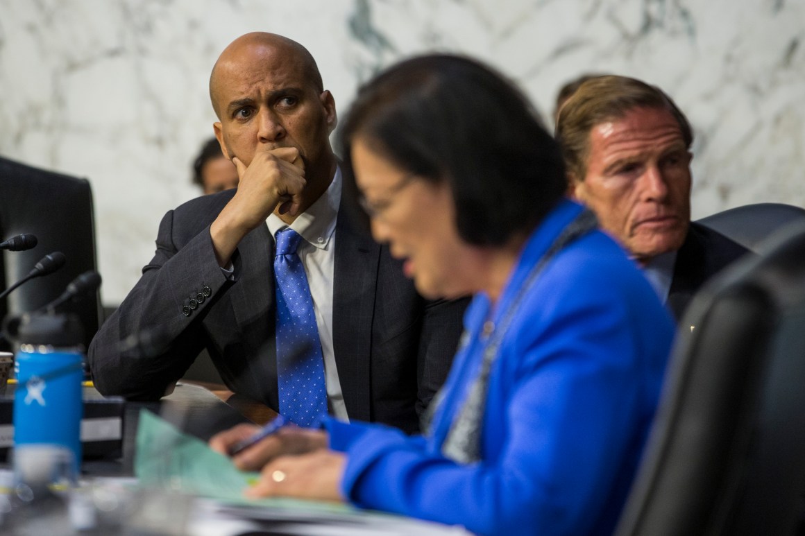 Senator Cory Booker (D-New Jersey) listens as Senator Mazie Hirono (D-Hawaii) questions Supreme Court nominee Brett Kavanaugh during the second day of his Supreme Court confirmation hearing on Capitol Hill on September 5th, 2018, in Washington, D.C.