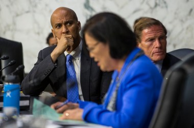 Senator Cory Booker (D-New Jersey) listens as Senator Mazie Hirono (D-Hawaii) questions Supreme Court nominee Brett Kavanaugh during the second day of his Supreme Court confirmation hearing on Capitol Hill on September 5th, 2018, in Washington, D.C.