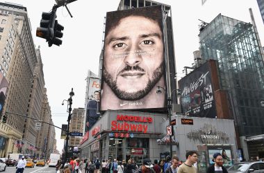 A Nike ad featuring American football quarterback Colin Kaepernick on display September 8th, 2018, in New York City.