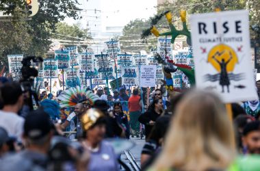 Crowds march up Market Street in downtown San Francisco on September 8th, 2018.