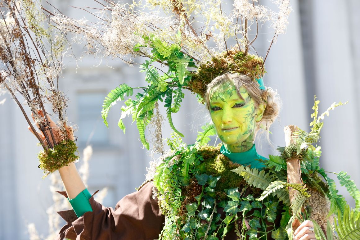 A woman dressed as a tree poses after marching at Rise for Climate in San Francisco on September 8th, 2018.