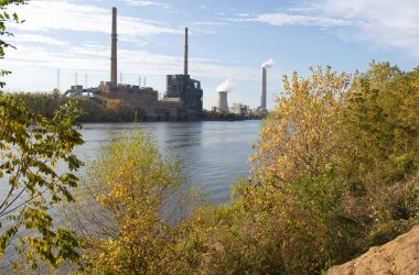 American Electric Power's Mountaineer coal power plant in New Haven, West Virginia, is seen from across the Ohio River in Racine, Ohio.