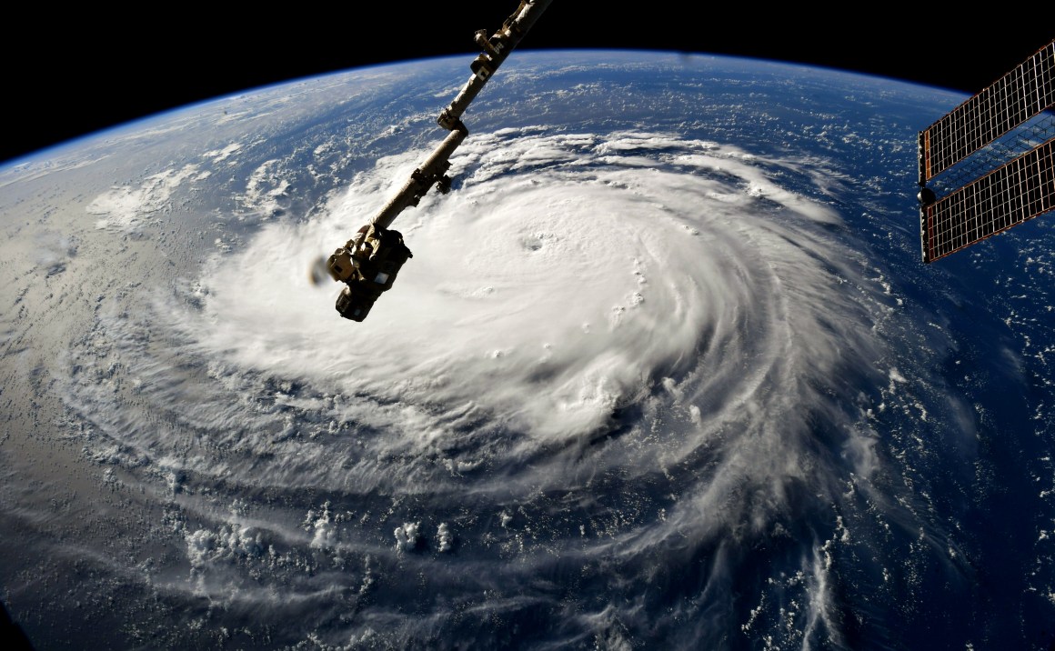 In this NASA handout image taken by Astronaut Ricky Arnold, Hurricane Florence gains strength in the Atlantic Ocean as it moves west, seen from the International Space Station on September 10th, 2018. Weather predictions say the storm will likely hit the East Coast of the United States as early as Thursday, September 13th, bringing massive winds and rain.