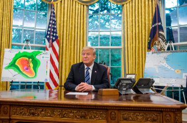 President Donald Trump is pictured following a briefing on Hurricane Florence in the Oval Office at the White House on September 11th, 2018, in Washington, D.C.