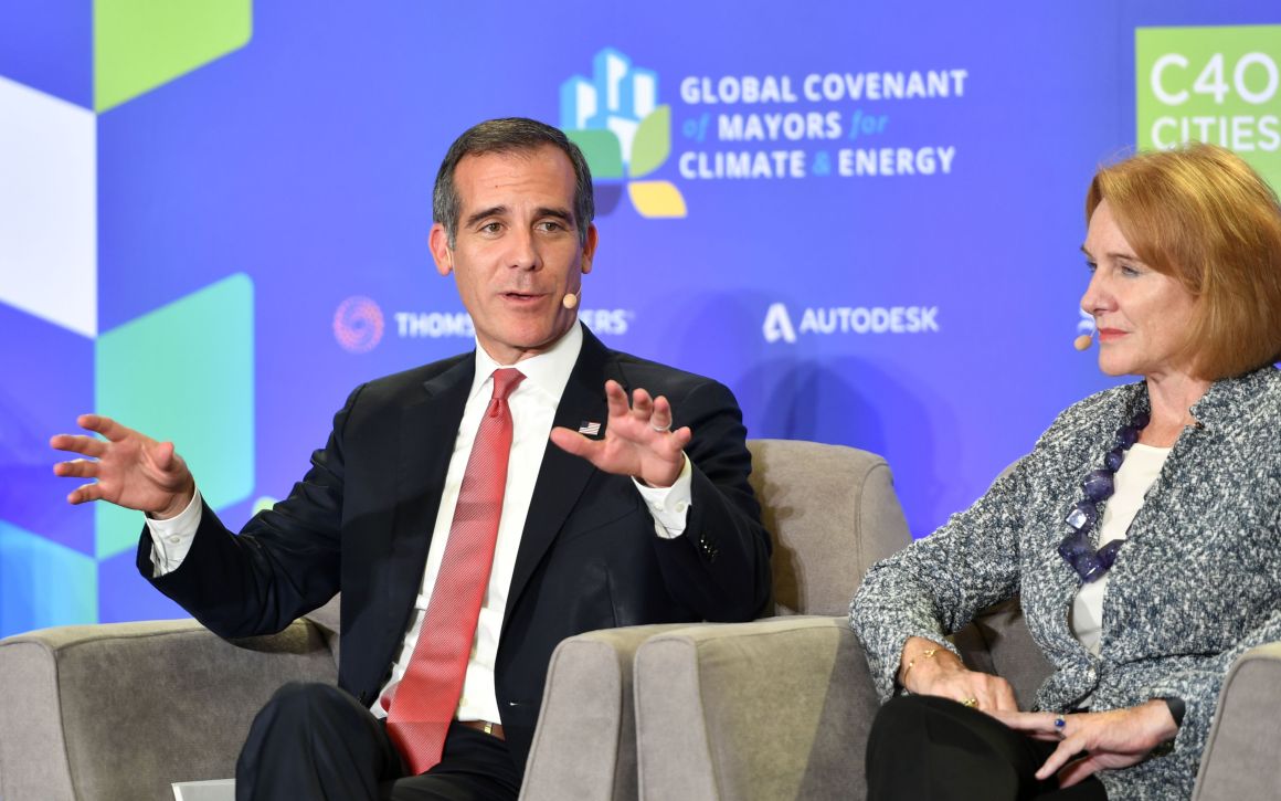 Los Angeles Mayor Eric Garcetti speaks during a panel discussion at the C40 Cities kickoff event at San Francisco's City Hall on September 12th, 2018.