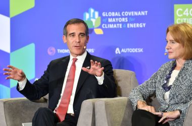 Los Angeles Mayor Eric Garcetti speaks during a panel discussion at the C40 Cities kickoff event at San Francisco's City Hall on September 12th, 2018.