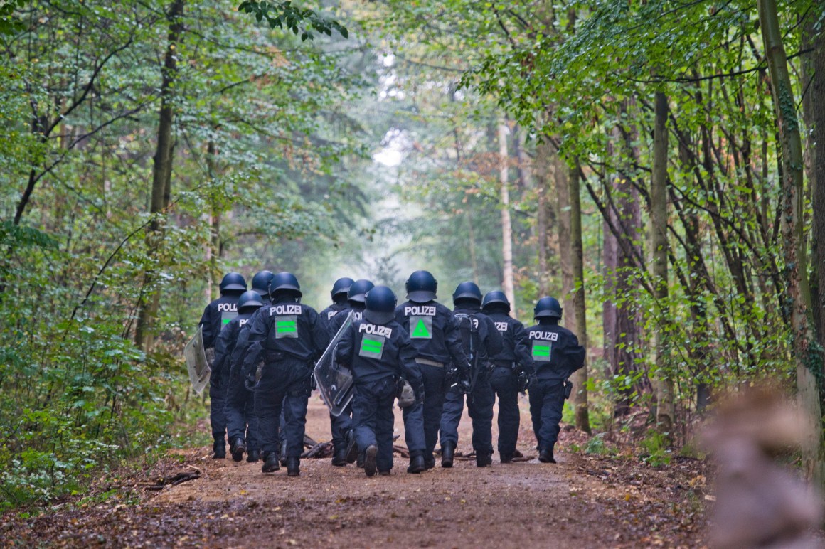 Police forces invade the Hambach Forest to evict activists protesting the expansion of an adjacent open-pit coal mine on September 13th, 2018, near Julich, Germany. The anti-coal activists have been living in tree houses in the forest in an effort to prevent German utility RWE from clearing the last 250 acres of forest.