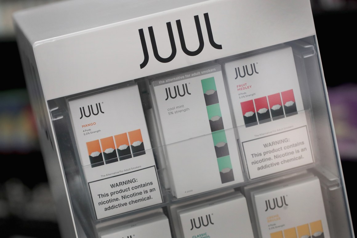 Electronic cigarettes and pods by Juul, the nation's largest maker of vaping products, are offered for sale at the Smoke Depot on September 13th, 2018, in Chicago, Illinois.