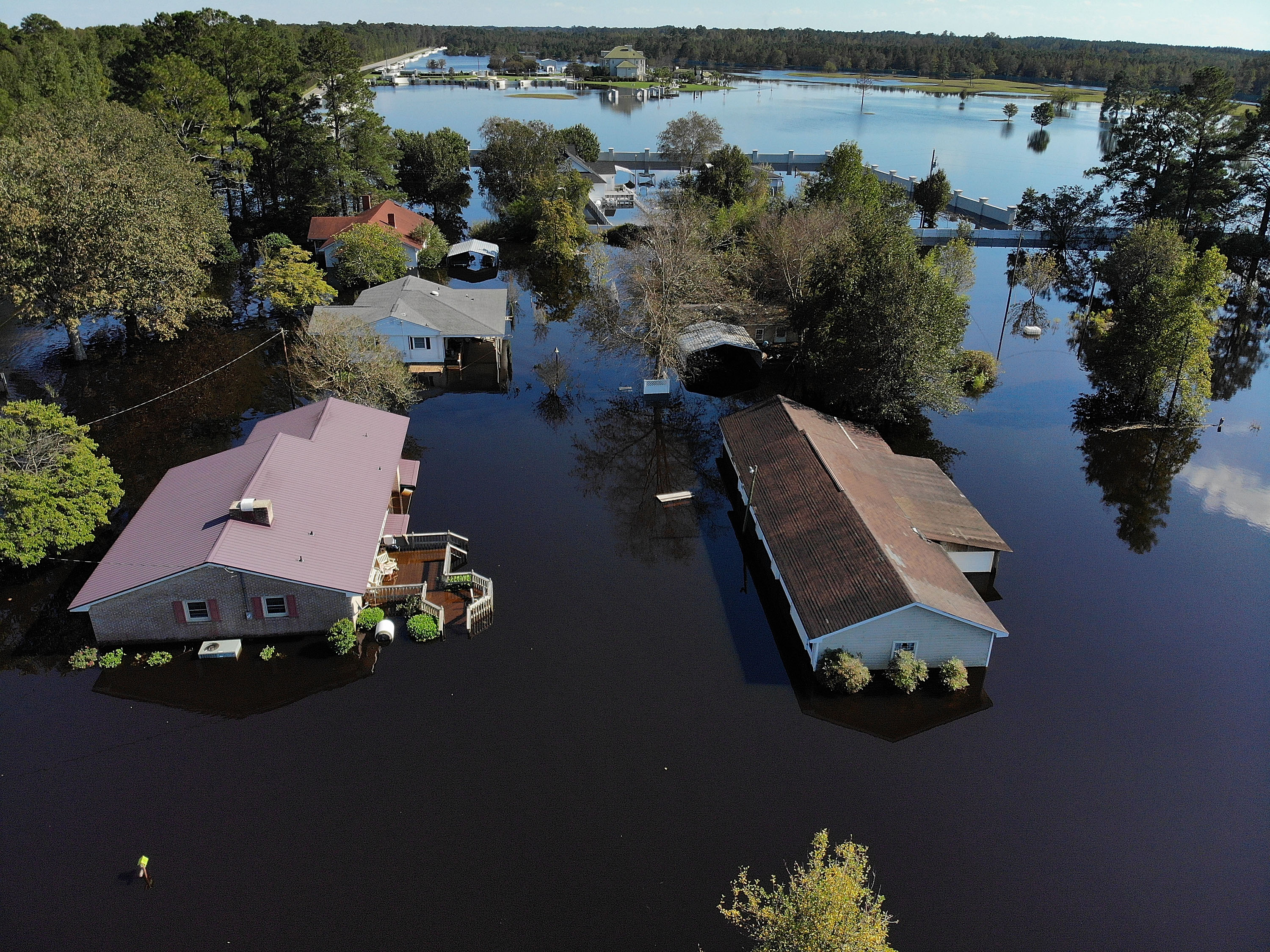 Floodwaters isolate homes in the aftermath of Hurricane Florence on September 19th, 2018, in Lumberton, North Carolina.