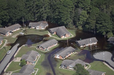 Flood waters are seen surrounding homes after heavy rains from Hurricane Florence on September 20th, 2018, in Lumberton, North Carolina.