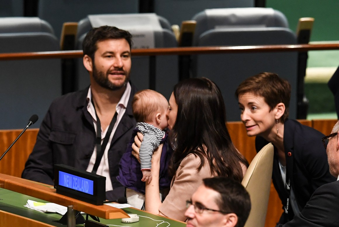 In June, Jacinda Ardern, the prime minister of New Zealand, became only the second head of state in modern history to give birth while in office (the first was Pakistan's Benazir Bhutto in 1990). Here, Ardern kisses her daughter, Neve Te Aroha Ardern Gayford, as her partner, Clarke Gayford (left), looks on during the Nelson Mandela Peace Summit on September 24th, 2018, one day before the start of the general debate of the 73rd session of the general assembly at the United Nations in New York.