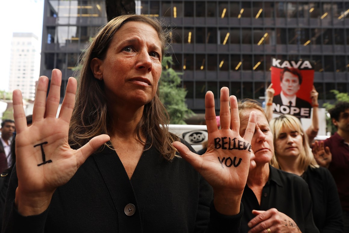 Dozens of protesters against the confirmation of Republican Supreme court nominee Judge Brett Kavanaugh gather outside of Democratic Senator Chuck Schumer's office on September 27th, 2018, in New York, New York.