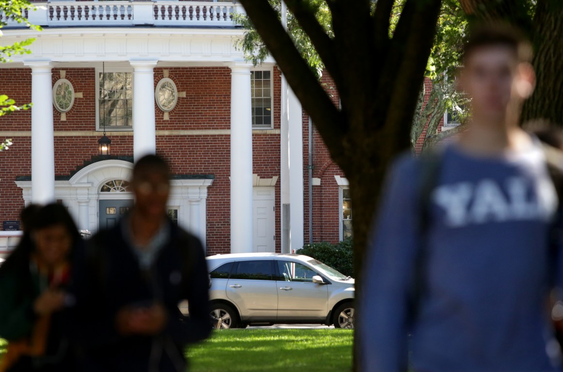 Students walk through the campus of Yale University on September 27th, 2018, in New Haven, Connecticut.