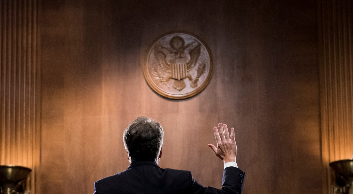 Judge Brett Kavanaugh is sworn in before testifying during the Senate Judiciary Committee on September 27th, 2018, in Washington, D.C.