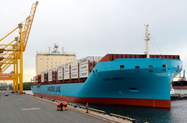 Maersk's new ice-class container vessel, Venta Maersk, loaded with Russian fish and South Korean electronics, arrives at the port of Saint Petersburg on September 28th, 2018, becoming the first container ship to navigate the Russian Arctic as the ice pack melts and recedes.