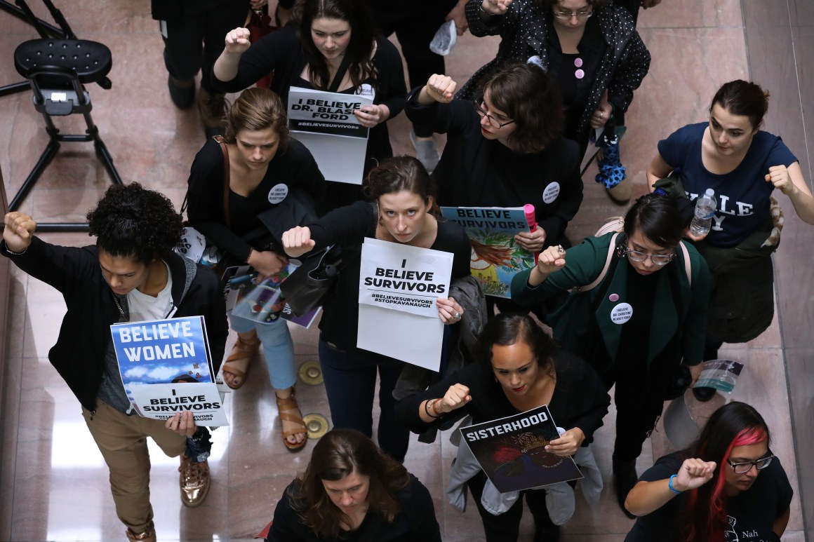 Hundreds of protesters rally in the Hart Senate Office Building while demonstrating against the confirmation of Supreme Court nominee Judge Brett Kavanaugh on Capitol Hill September 24th, 2018, in Washington, D.C.