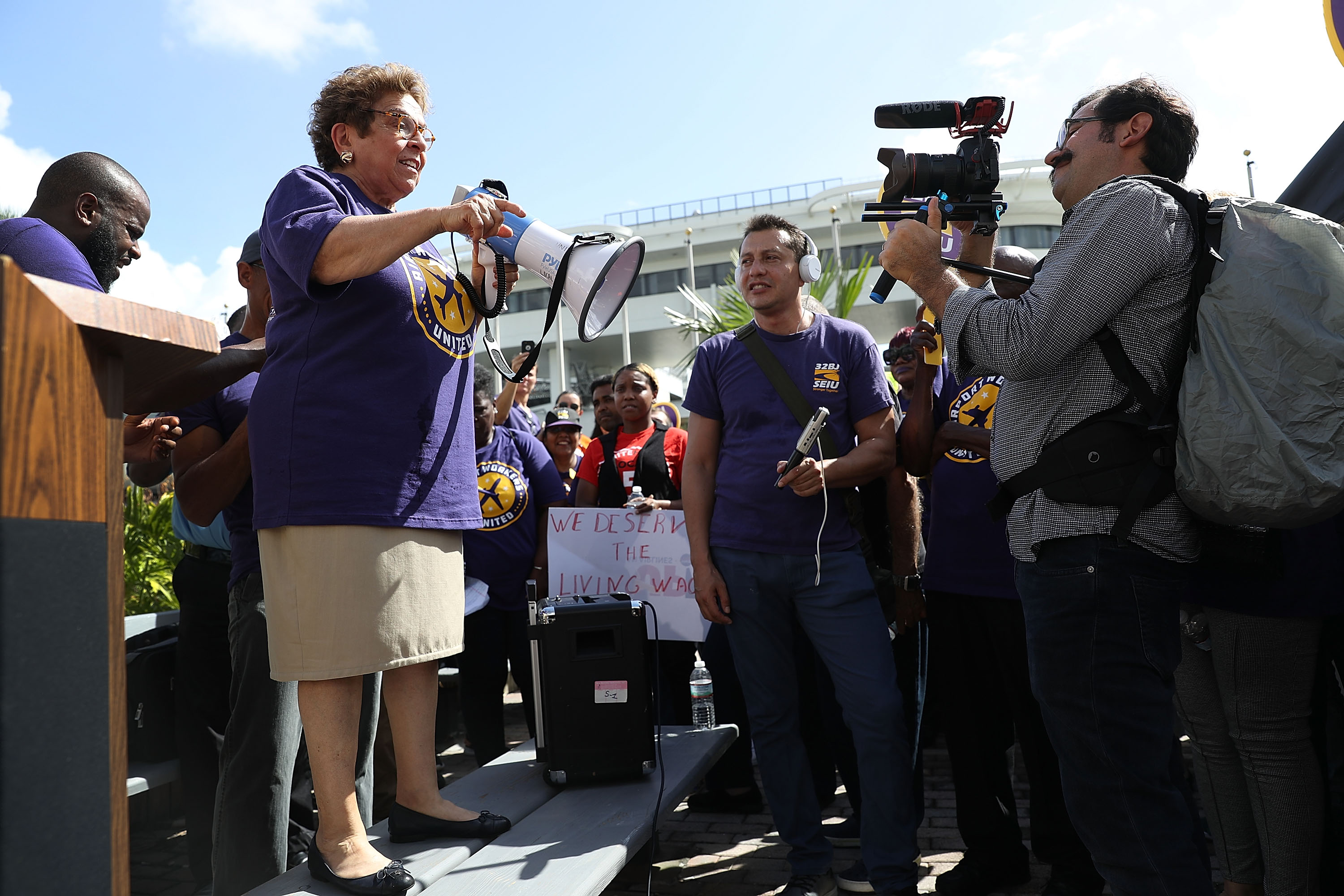 Florida Democratic congressional candidate Donna Shalala speaks as she attends a protest at Miami International Airport as airport workers call for fair wages, union rights, paid sick leave, and safe workplaces on October 2nd, 2018, in Miami, Florida. Shalala is running against Republican challenger Maria Elvira Salazar for the seat.