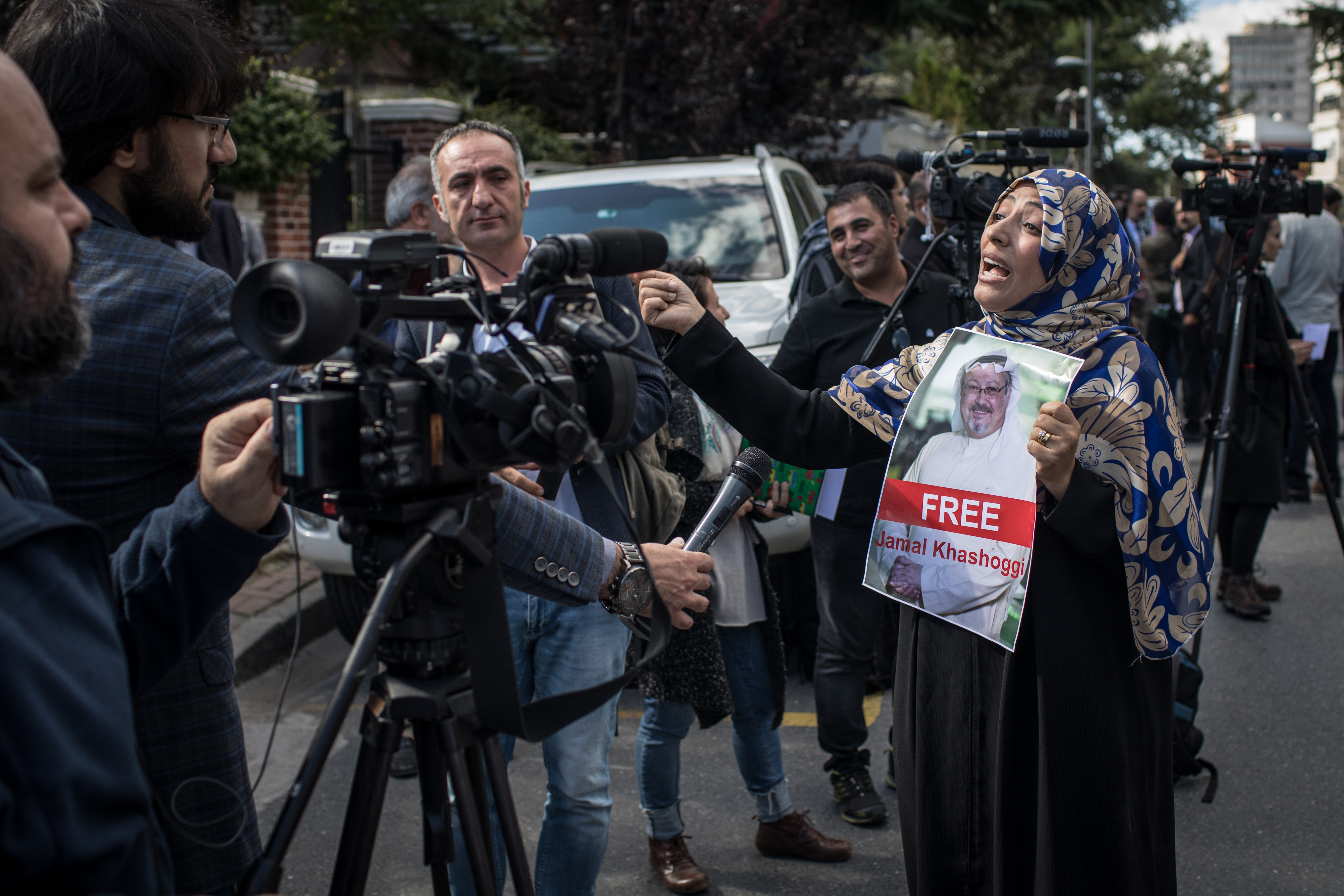 Nobel Prize winner Tawakkol Karman holds a poster of Khashoggi while speaking to the media during a protest outside the entrance to the Consulate of Saudi Arabia on October 5th, 2018, in Istanbul, Turkey. At the time, some believed that the writer was still inside and being held by Saudi officials.