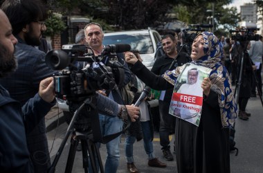 Nobel Prize winner Tawakkol Karman holds a poster of Khashoggi while speaking to the media during a protest outside the entrance to the Consulate of Saudi Arabia on October 5th, 2018, in Istanbul, Turkey. At the time, some believed that the writer was still inside and being held by Saudi officials.