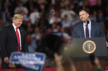 Republican candidate for governor of Kansas Kris Kobach, who lost his race on Tuesday, speaks at a rally with President Donald Trump at the Kansas Expocenter on October 6th, 2018, in Topeka, Kansas.