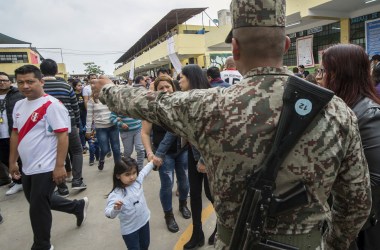 A Peruvian soldier stands guard at a polling station during municipal elections in Lima, Peru, on October 7th, 2018. More than 23 million Peruvians have been called to the polls to elect regional governors and mayors.