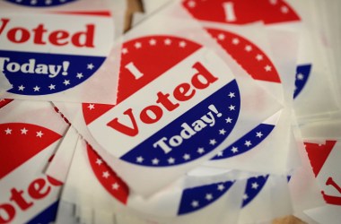 Stickers are made available to voters who cast a ballot in the mid-term elections at the Polk County Election Office on October 8th, 2018, in Des Moines, Iowa.