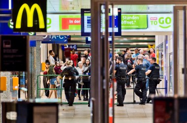 Policemen block an exit in Cologne's main railway station, where a man took a hostage in the early afternoon on October 15th, 2018, at Cologne Central Station in Cologne, Germany. Police sealed off the premises, evacuated the station, and canceled trains. Local media say the incident does not appear to have been terror-related. The woman taken hostage was freed with only minor injuries.