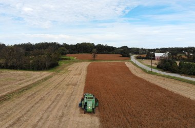 A farmer harvests soybeans in Owings, Maryland.