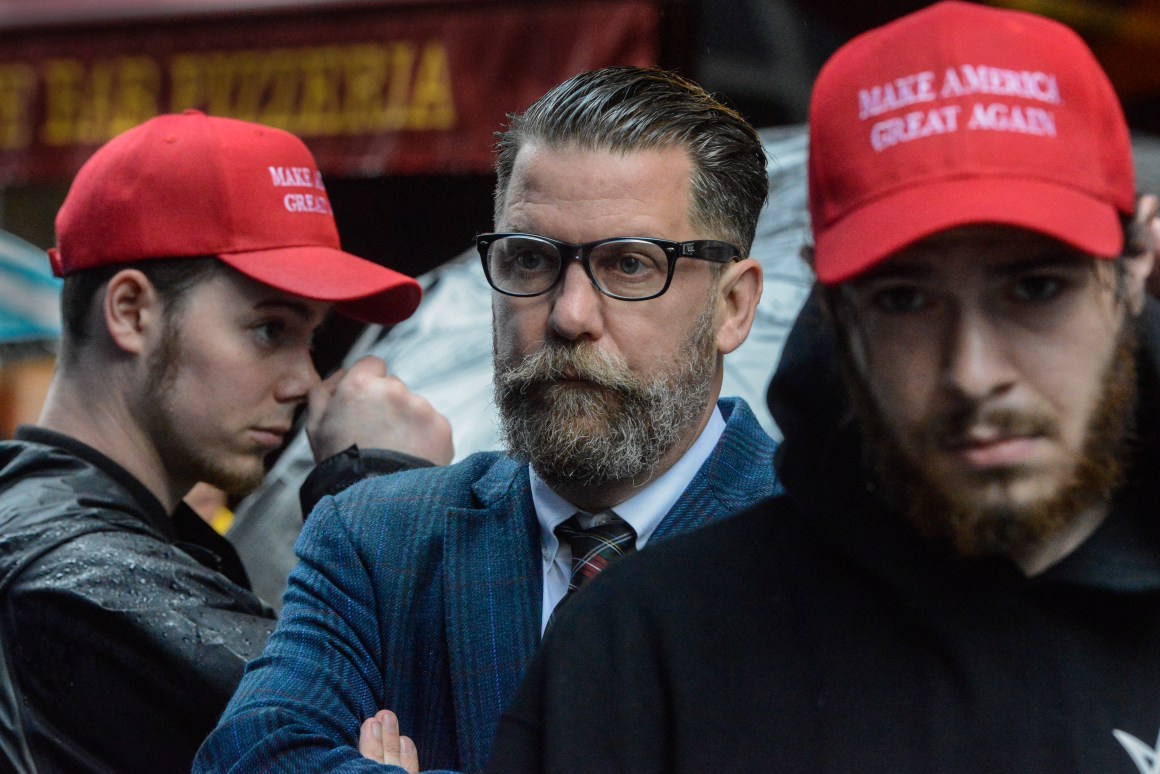 Activist Gavin McInnes takes part in an Alt Right protest of Muslim activist Linda Sarsour on May 25th, 2017, in New York City.