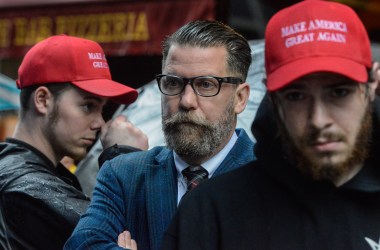 Activist Gavin McInnes takes part in an Alt Right protest of Muslim activist Linda Sarsour on May 25th, 2017, in New York City.