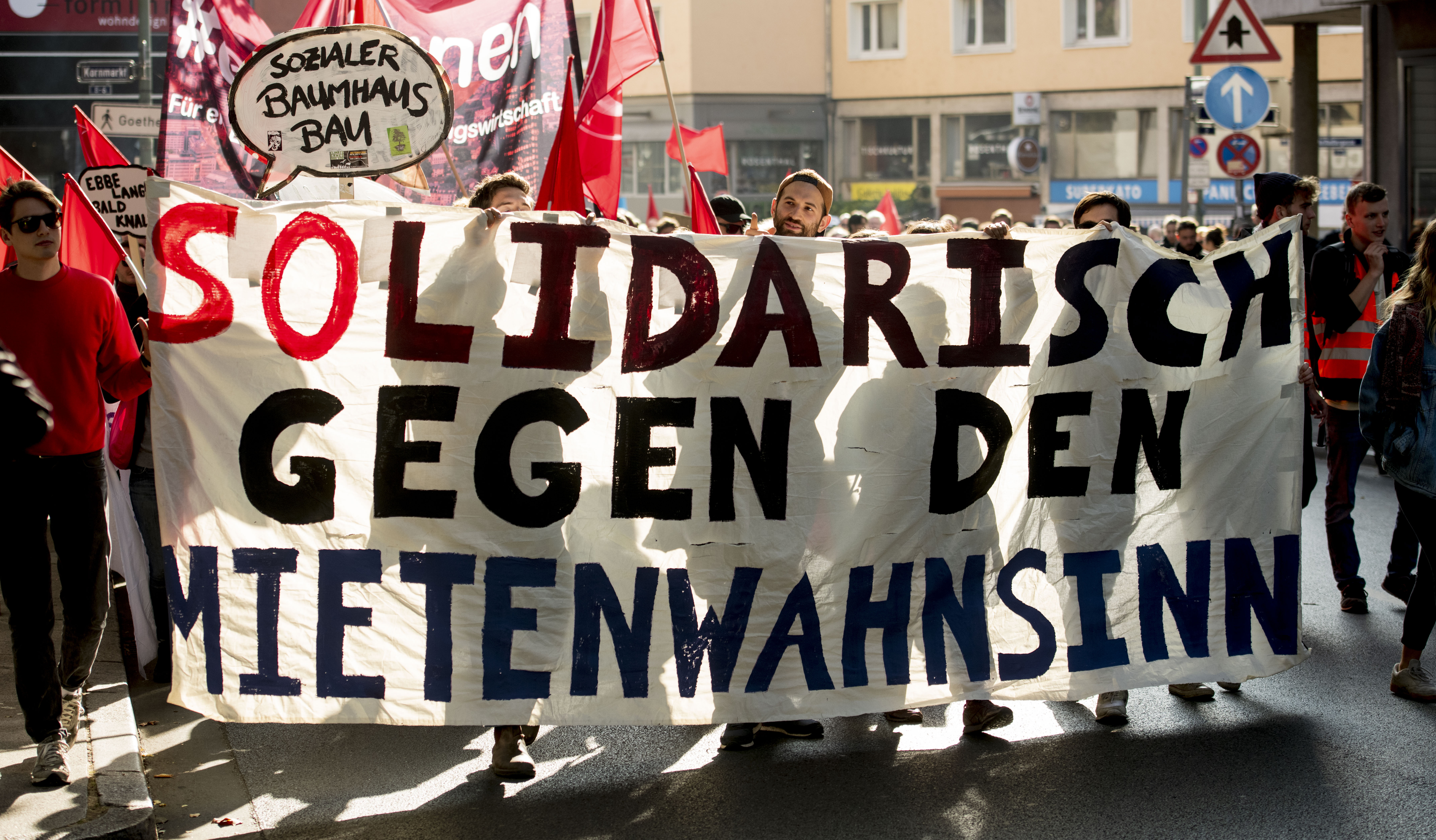 Protesters demonstrate against rising housing rental prices on October 20th, 2018, in Frankfurt, Germany. Frankfurt, the largest city in Hesse, has a housing market that is being squeezed by foreign investors.