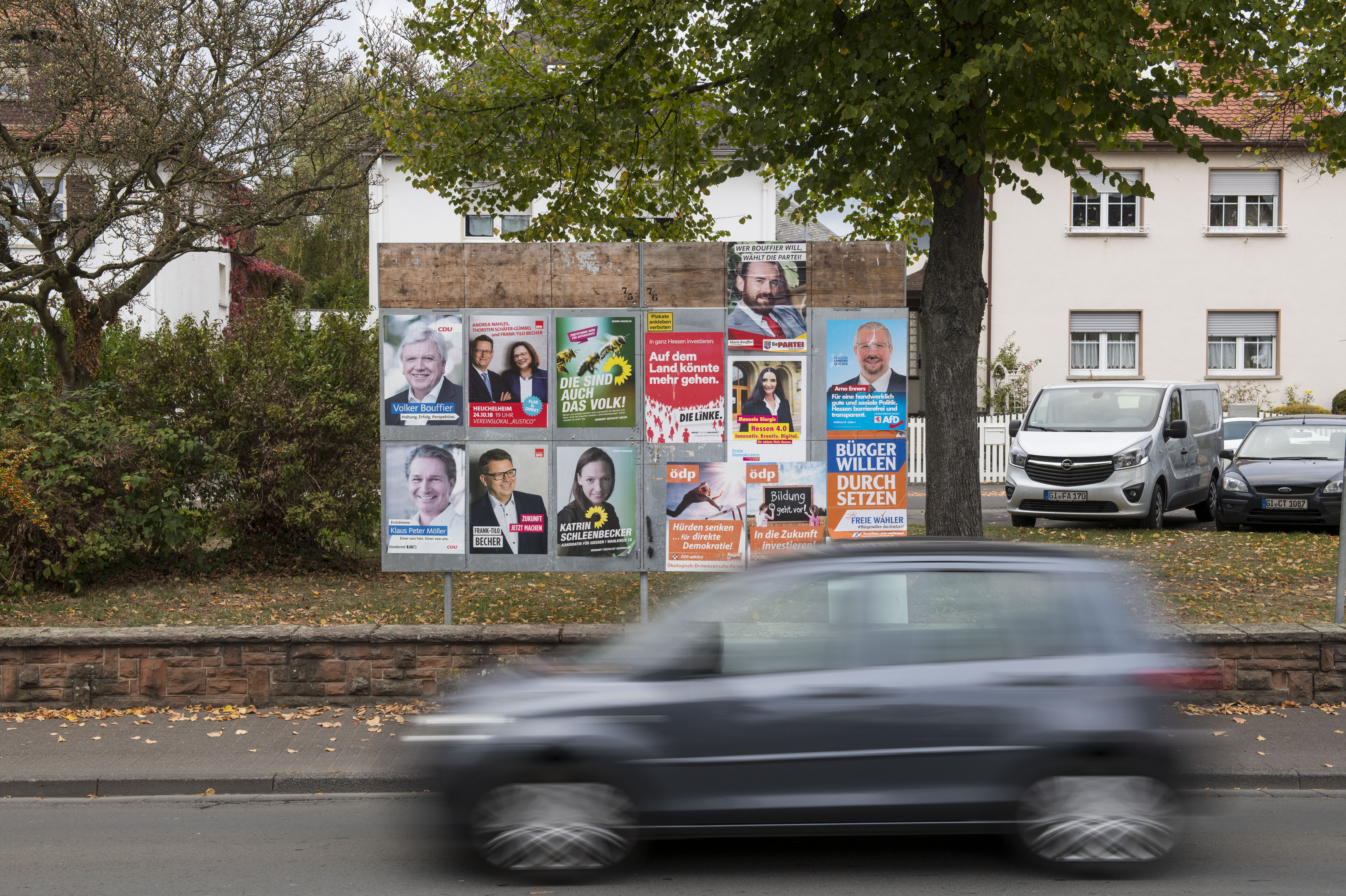 Election billboards show candidates in the Hesse state elections like Volker Bouffier, leader of the German Christian Democrats (CDU), and Thorsten Schaefer-Guembel, leader of the German Social Democrats (SPD), pictured on October 22nd, 2018, in Heuchelheim, Germany.