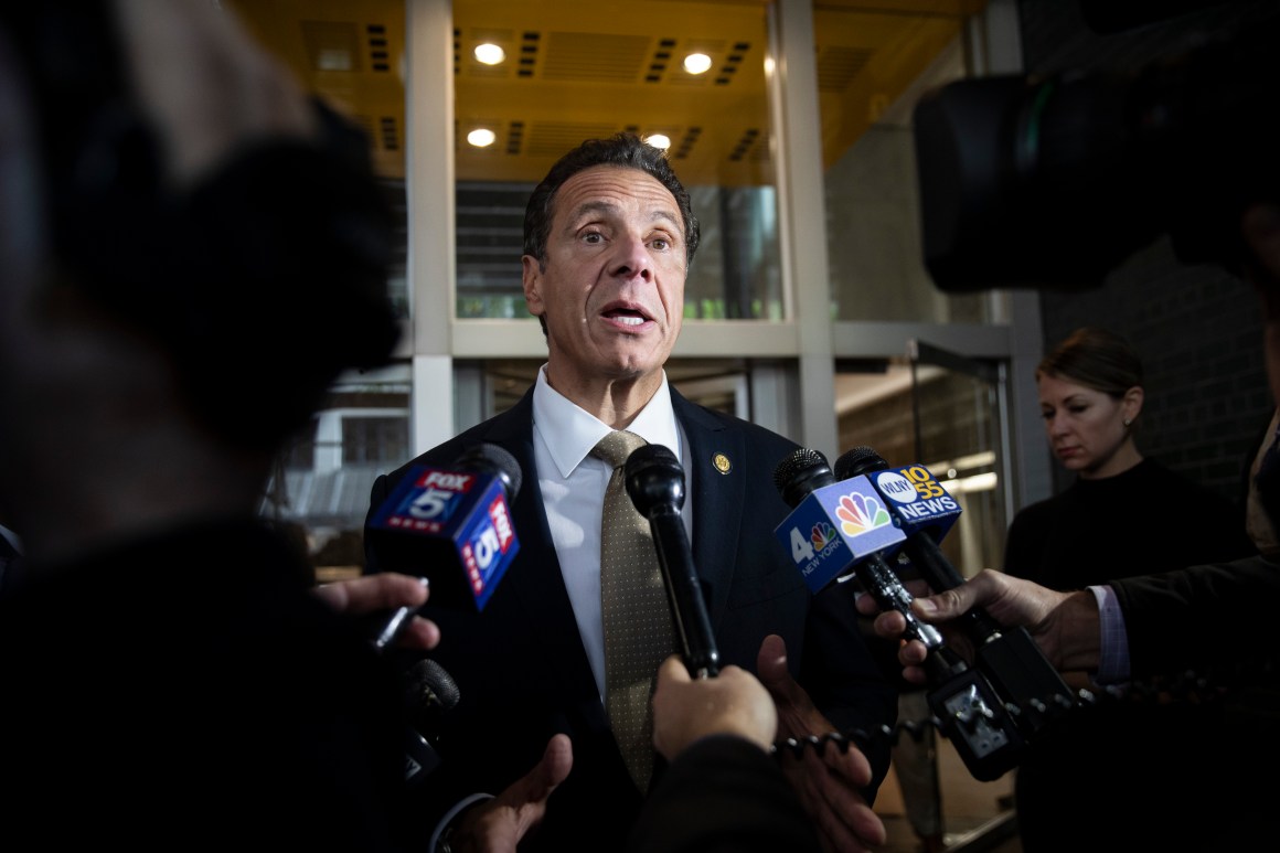 New York Governor Andrew Cuomo speaks to reporters outside his office in Midtown Manhattan, on October 24th, 2018.