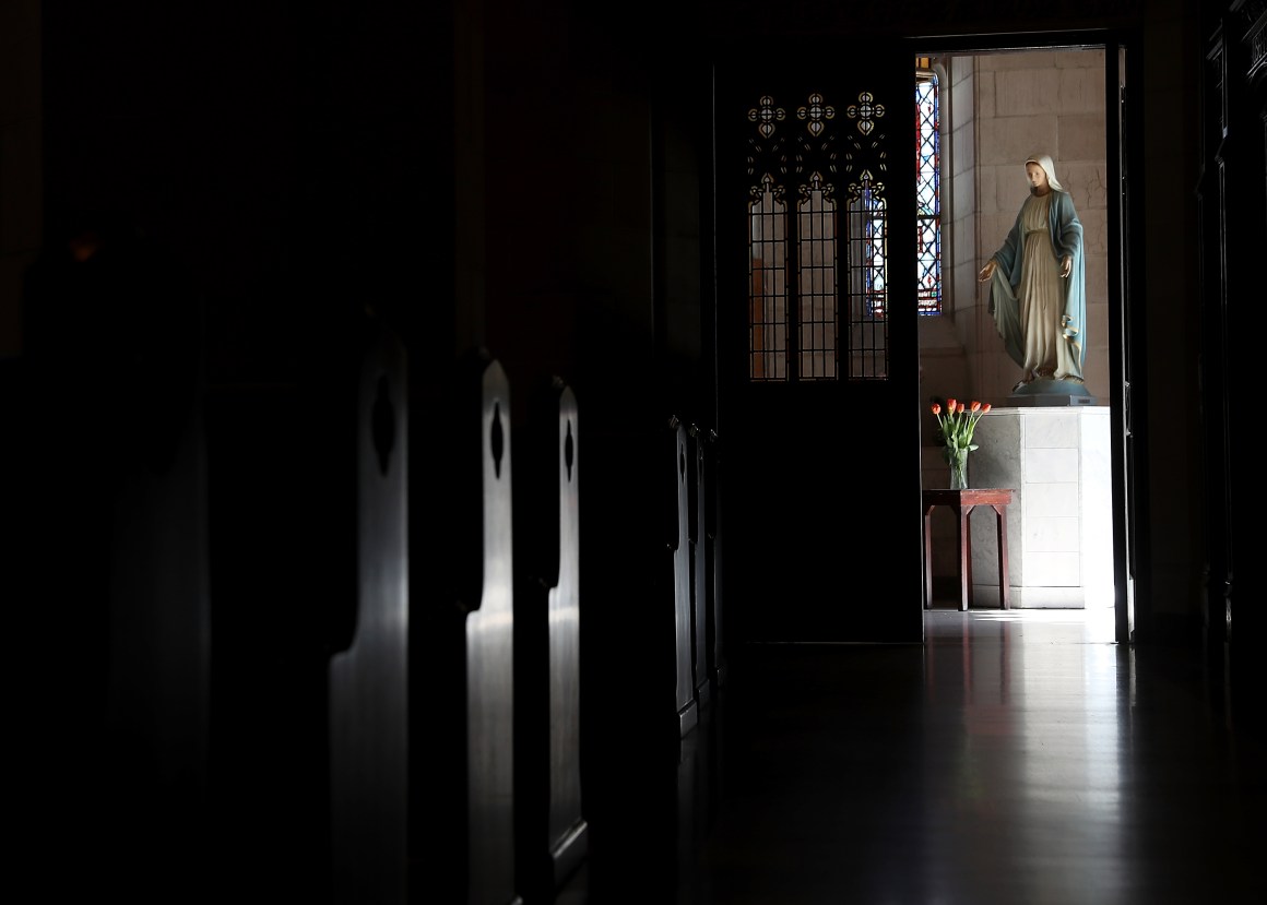 A statue of the Virgin Mary is displayed at St. Dominic's Catholic Church on October 24th, 2018, in San Francisco, California.