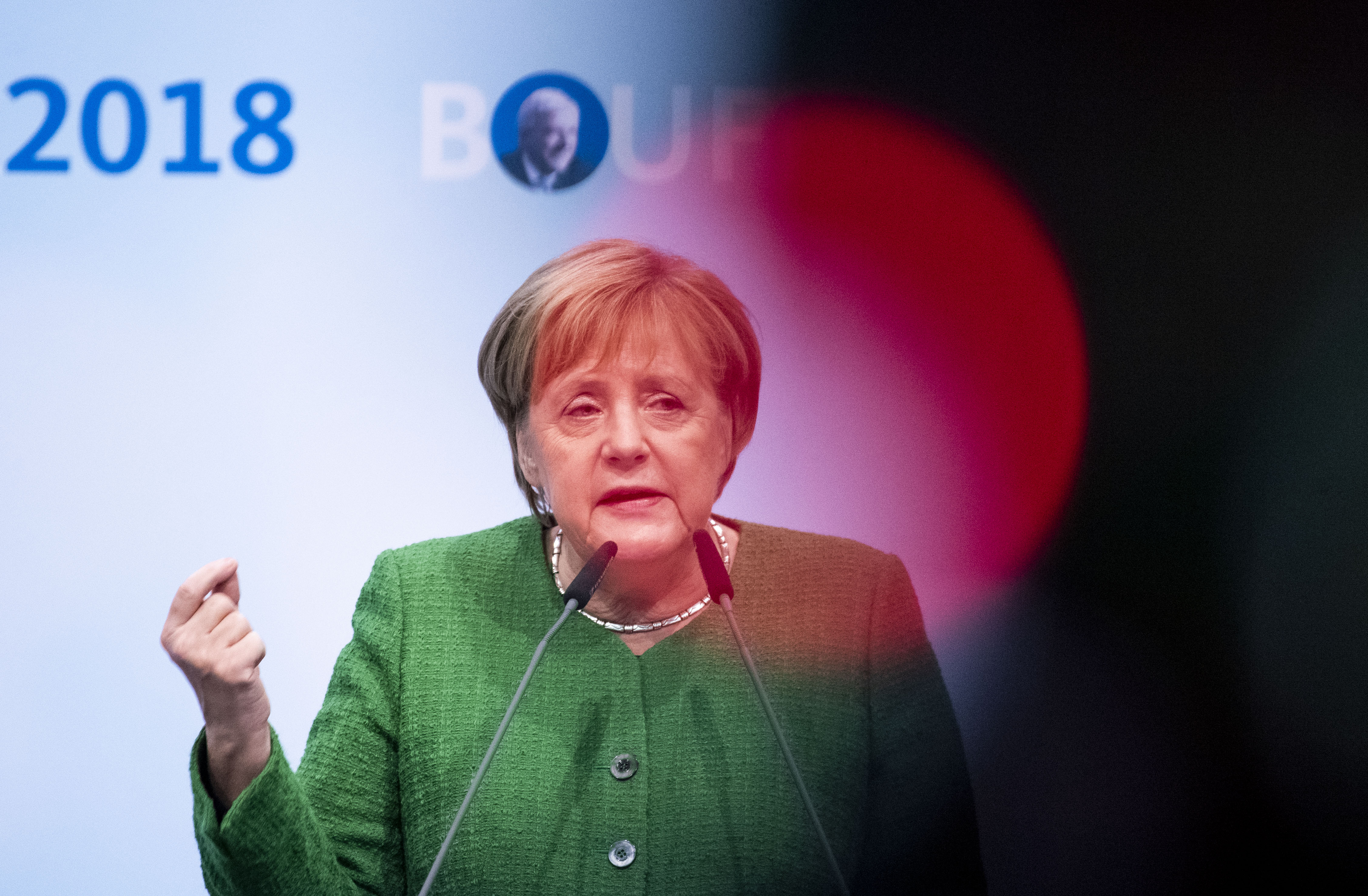 German Chancellor and leader of the German Christian Democrats (CDU) Angela Merkel speaks at a CDU Hesse state election rally on October 25th, 2018, in Fulda, Germany. Hesse is scheduled to hold state elections on October 28th, and so far polls indicate the CDU, Merkel's party, and the German Social Democrats (SPD) will fare poorly, while both the German Green Party and the right-wing Alternative for Germany (AfD) can expect strong gains.