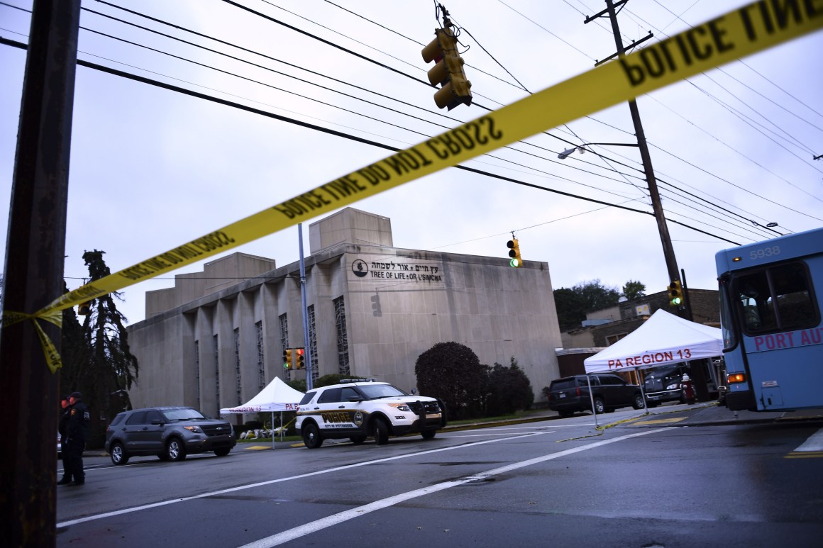 Police tape is seen outside Pittsburgh's Tree of Life Synagogue on October 28th, 2018, after a shooting there left 11 people dead.