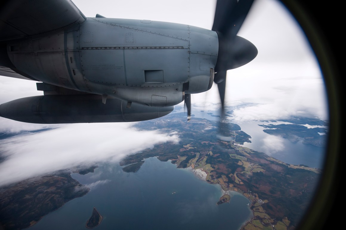 A picture taken from a United States Marines C-130 transport aircraft shows the area near Brekstad, Norway, during the North Atlantic Treaty Organization's Trident Juncture 2018 exercise on October 31st, 2018. Trident Juncture is a NATO-led military exercise being held in Norway from October 25th to November 7th. It's the largest of its kind in Norway since the 1980s—around 50,000 participants from NATO and partner countries, some 250 aircraft, 65 ships, and up to 10,000 vehicles are taking part. The main goal of Trident Juncture is to train the NATO Response Force and to test the alliance's defense capability.