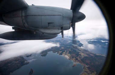 A picture taken from a United States Marines C-130 transport aircraft shows the area near Brekstad, Norway, during the North Atlantic Treaty Organization's Trident Juncture 2018 exercise on October 31st, 2018. Trident Juncture is a NATO-led military exercise being held in Norway from October 25th to November 7th. It's the largest of its kind in Norway since the 1980s—around 50,000 participants from NATO and partner countries, some 250 aircraft, 65 ships, and up to 10,000 vehicles are taking part. The main goal of Trident Juncture is to train the NATO Response Force and to test the alliance's defense capability.