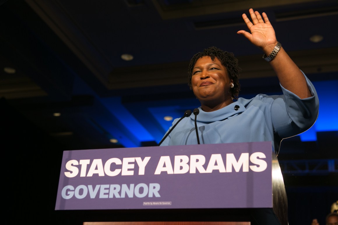 Stacey Abrams addresses supporters at an election watch party on November 6th, 2018, in Atlanta, Georgia.