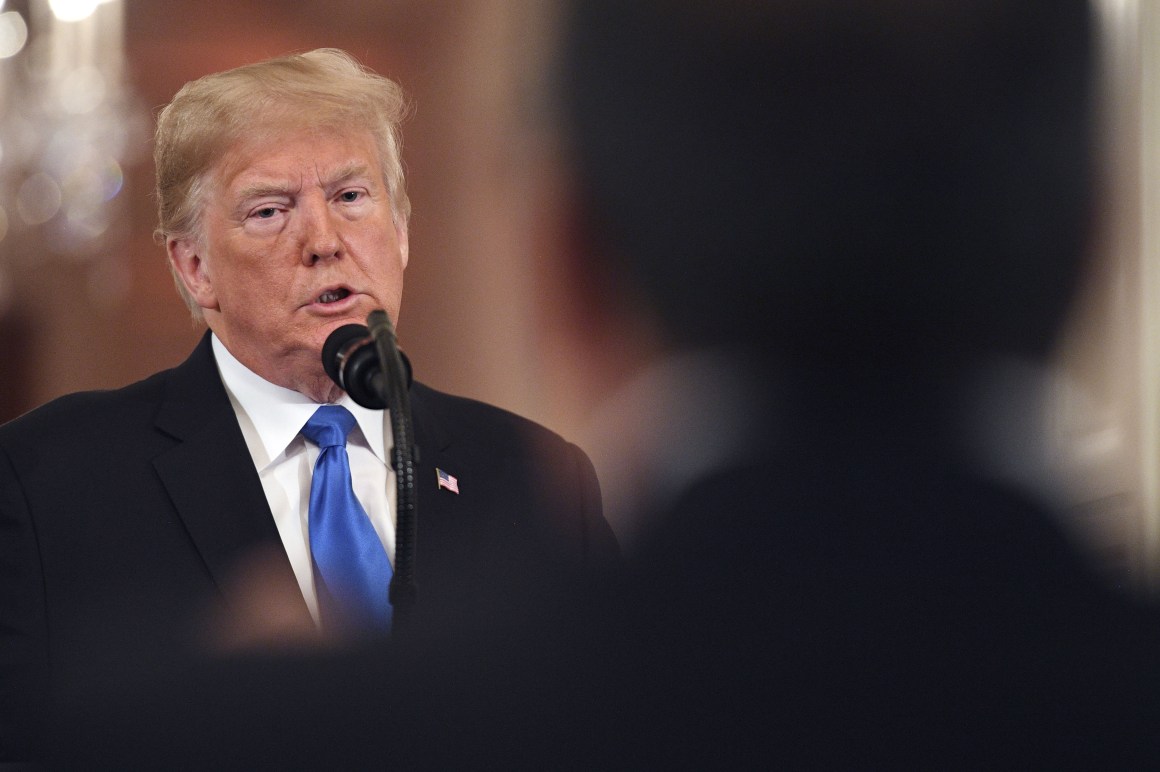 President Donald Trump speaks to journalist Jim Acosta from CNN during a post-election press conference in the East Room of the White House in Washington, D.C., on November 7th, 2018.