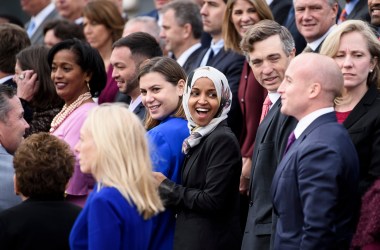 Incoming Representative Ilhan Omar (D-Minnesota) and other freshman members of the 116th Congress pose for a group photo on Capitol Hill on November 14th, 2018, in Washington, D.C.