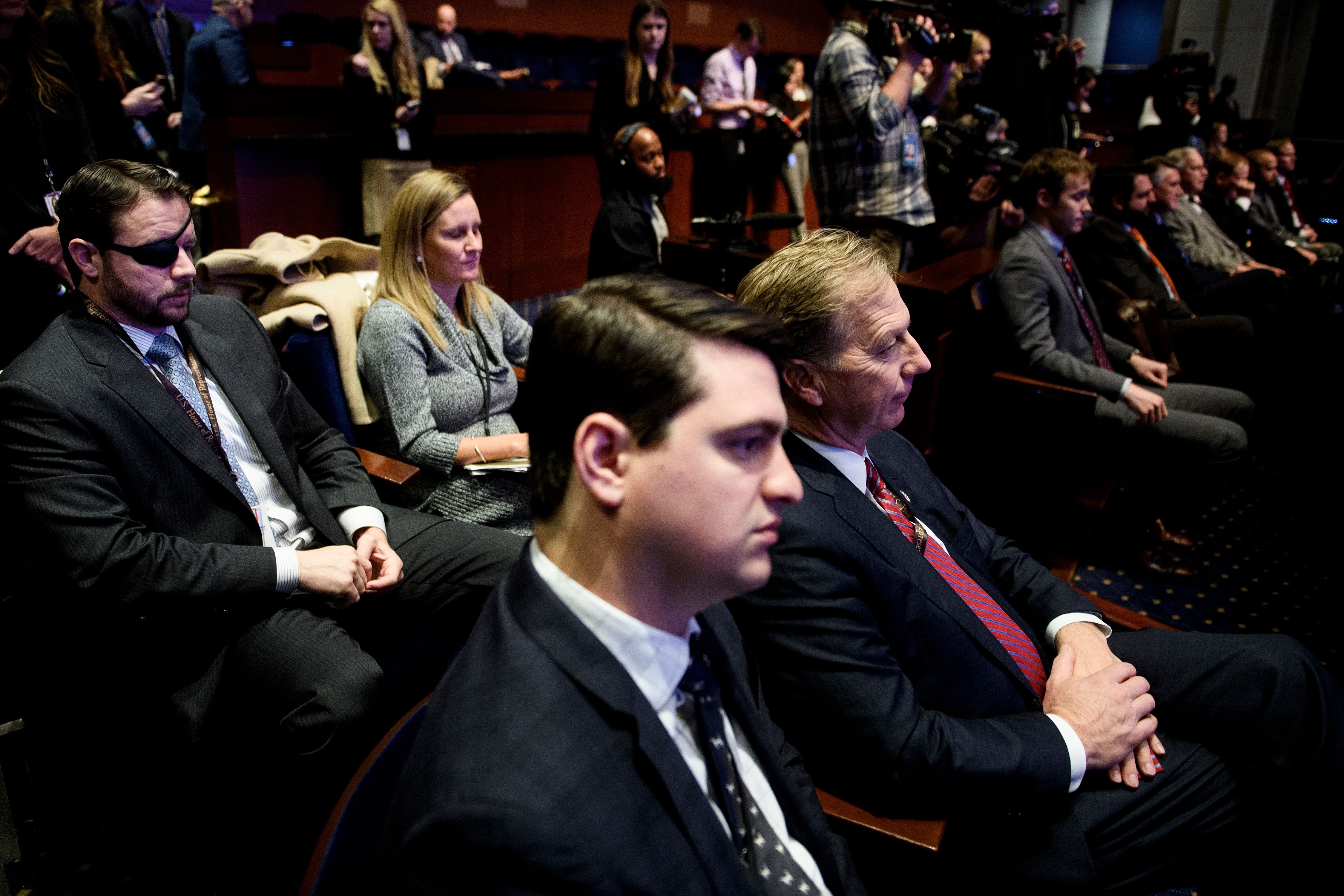 Incoming Representative Dan Crenshaw (R-Texas) and others attend a House of Representatives member-elect welcome briefing on Capitol Hill on November 15th, 2018, in Washington, D.C.