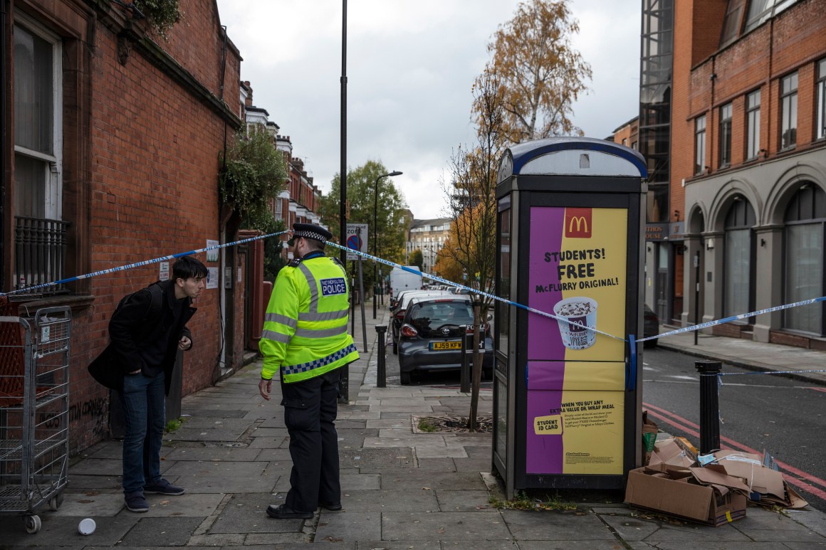 On November 7th, 2018, a police officer lets a member of the public out of a crime scene near "Billy Fury Way," where a teenager was stabbed the previous evening in London, England. The incident comes amid a wave of knife-related incidents that has seen the deaths of five people in the last six days. The boy is reported to be in a critical condition. Scotland Yard Commander Stuart Cundy said additional police officers were being deployed in every borough after a "terrible" few days.