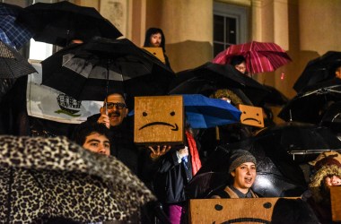 People opposed to Amazon's plan to locate its second North American headquarters in New York City protest at the courthouse in Queens on November 26th, 2018. Amazon recently named the neighborhood of Long Island City in Queens as one of two locations that will house the headquarters, known as HQ2.