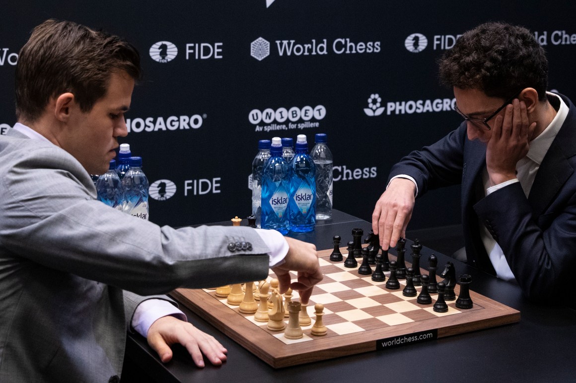 Defending world champion Magnus Carlsen, a Norwegian, plays opponent American Fabiano Caruana in the final game of the World Chess Championship on November 28th, 2018, in London, England. Caruana unsuccessfully tried to unseat Carlsen and become the first American world champion since Bobby Fischer in 1972.